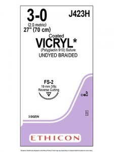 Ethicon Vicryl Absorbable Sutures 3/0 19mm 3/8 FS-2 75cm Coated Undyed Box of 36
