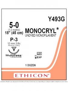 Ethicon Monocryl Absorbable Sutures 5/0 13mm 3/8 P-3 45cm Undyed / Box of 12